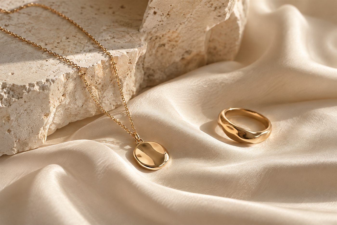 Gold necklace and ring arranged on ivory silk and pale stone